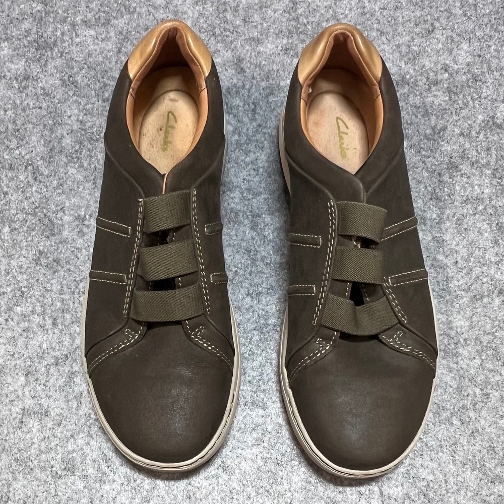 Clarks Nalle Ease Dark Olive Leather Slip On Sneakers Comfort Shoes Womens 9M - Picture 2 of 7